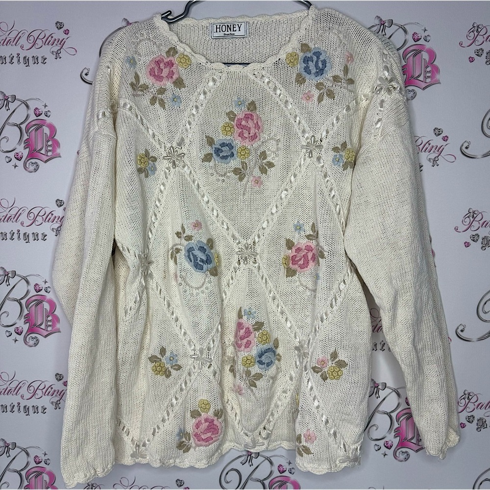 Honey sweater vintage ribbon 🎀 bow pearls embroidered floral flowers pastel